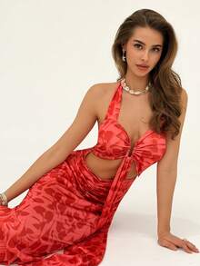 RiviMae Đầm dài màu đỏ khoét lỗ in họa tiết, thắt eo dành cho nữ - Nhiều màu - Xem 3