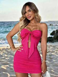 INAWLY 女士夏季新款无肩带不对称下摆上衣和褶皱下摆半裙性感两件套 - 玫紅色 - 查看 5