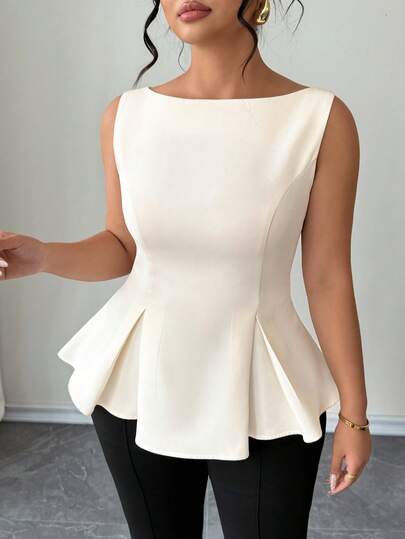 Elenzga Plus Size Women's Cream Almond Off-Shoulder Split-Front A-Line Dress With Ruffle Hem, Elegant French Romantic Vintage Commute Business Beach Casual Minimalist Versatile, New Spring/Summer Wedding Party Afternoon Tea Women Elegant Outfits Tops For Women Elegant Classy Peplum Tops Women Latest Tops For Women New Arrivals Peplum Top Curve