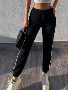 Contrast Tape Side Sweatpants For Spring & Autumn - Black - View 3