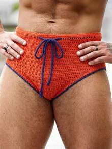 Horizaway 男士撞色滚边抽绳腰针织三角短裤，适合夏季海滩穿着。男士钩针泳衣，男士钩针泳裤，男士橙色泳装，夏季情侣泳装套装，男女泳装套装，情侣沙滩装，海滩度假装，情侣泳装，男女情侣泳衣，情侣沙滩装，情侣度假装，情侣比基尼套装，女士情侣夏季装，男女情侣泳装 - 橘色 - 查看 5