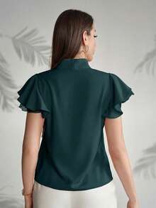 Modelyn Women's Solid Color Tie Collar Ruffle Hem Elegant Short Sleeve Blouse,Summer Top - Teal Blue - View 2
