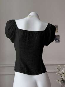 Comfortcana Plus Size V-Neck Floral Contrast Trim Short Sleeve Shirt, Summer - Black - View 2
