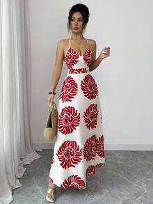 SHEIN Women's Printed Open Back Colorful Beaded Chain Decor A-Line Waist Flattering Bohemian Vacation Elegant Sweet Cute Daily Commute Fashion Date French Street Music Festival Retro Versatile Spring Summer Light Peach Red Pattern New Sleeveless Maxi Dress - Multicolor - View 3