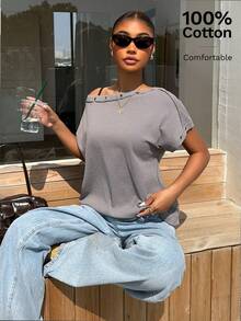 Muchica 灰色针织女式单肩T恤 - 灰色 - 查看 4