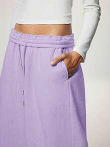 SHEIN Forever 21 秋冬新款休闲宽松高腰弹力腰带阔腿运动裤，加厚保暖内衬 - 淡紫色 - 查看 3