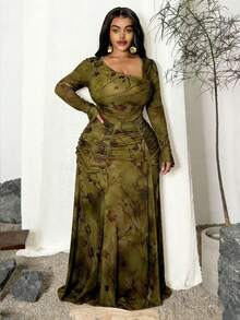 Maweii 大码女式印花不对称领口喇叭袖时尚连衣裙 - 橄欖綠 - 查看 6