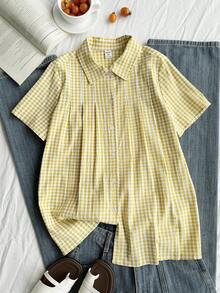 SHEIN 女士及少女法式休闲黄色格子褶裥短袖衬衫，清新百搭，春夏单件装 - 黃色 - 查看 5