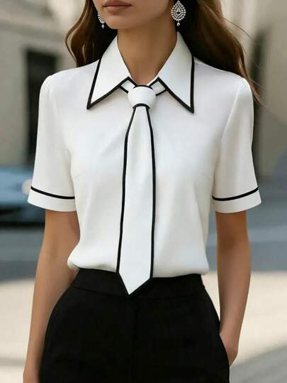 Ellegaria. Elegant Contrast Color Tie Collar Shirt, Suitable For Commuting, Casual, White Shirt, Short Sleeve Shirt, Holiday Shirt