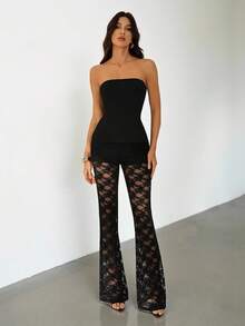 SHEIN Tall Women's Sexy & Elegant Black Lace 2-Piece Set, Includes Thick Ribbed Bandeau Top And Lace Flare Pants, High Elasticity Fabric Contouring Body, Suitable For Dates, Gatherings, Parties, Clubs, Nightlife Mesh Two Pieces Set Black Lace - Black - View 6