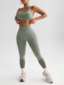 Slayform Women's Solid Color Cropped Tank Top And Leggings Sports Set - Army Green - View 2