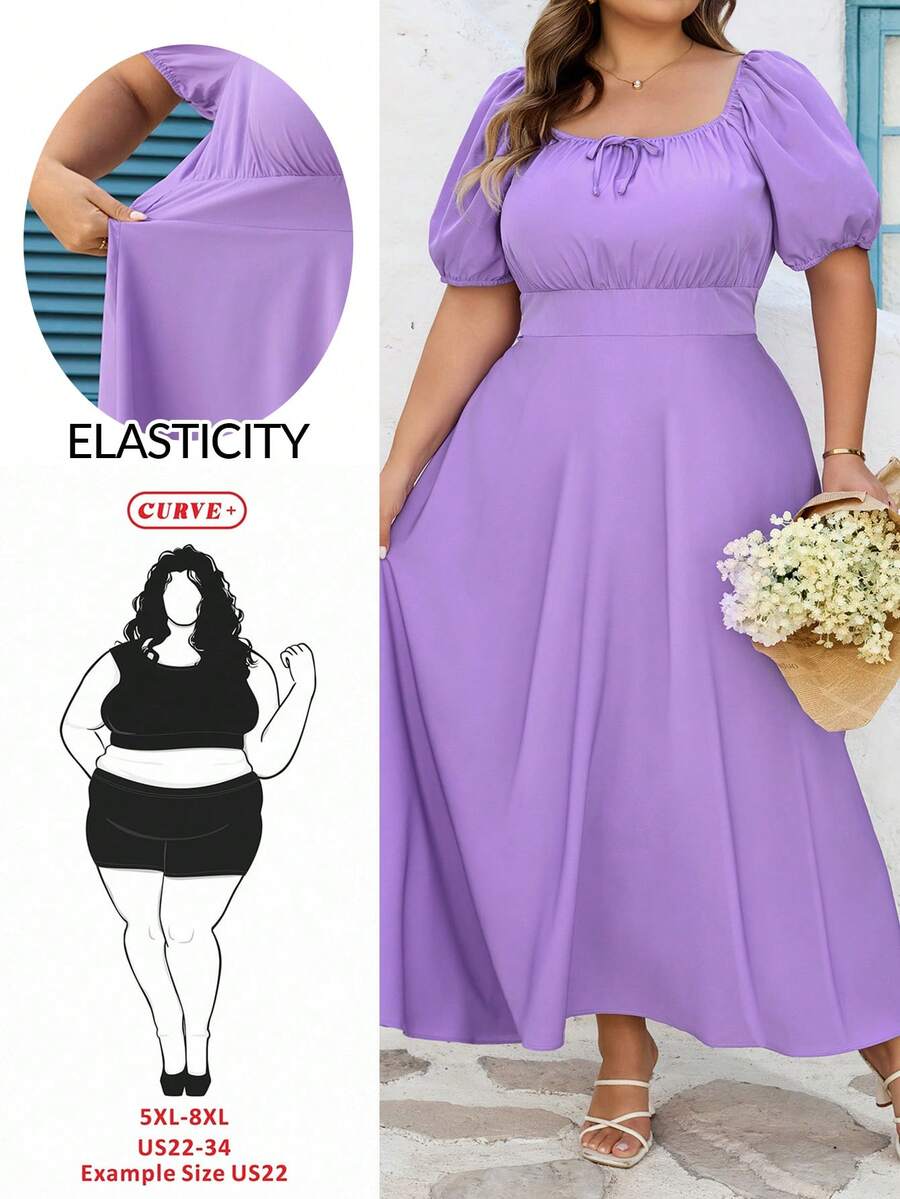 SHEIN CURVE+ Curve 加大码 US22 音乐节、海滨度假、波西米亚风 CURVE PLUS // 女士紫色短袖休闲抽绳腰身优雅连衣裙，适合婚礼宾客、春夏穿着。这款紫色连衣裙优雅迷人，适合日常、外出、约会、下午茶、度假等各种场合。浪漫甜美连衣裙 - 紫色 - 查看 1