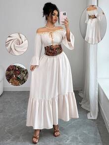 Selianne Women's Elegant Beige Autumn Boho Vacation Off-Shoulder Lace Ruffle Tie Bow Flare Sleeve Jacquard Floral Waist Belt A-Line Retro Palace Dress - Apricot - View 4