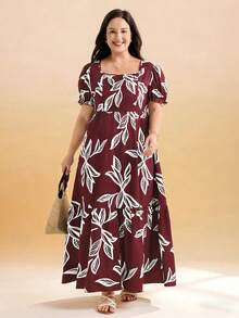 Momelise Große Größen Damen bedrucktes Gewebe Quadratausschnitt Kurzarm A-Linie locker Casual Urlaub Alltag modisch bequem elegantes Kleid, geeignet für Frühling und Sommer - Verschiedenfarbig - Übersicht 3
