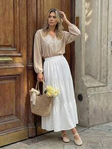 Hansera Casual Retro V-Neck Embroidered Pearl Decor Button Long Sleeve Fitted Women Shirt - Khaki - View 1
