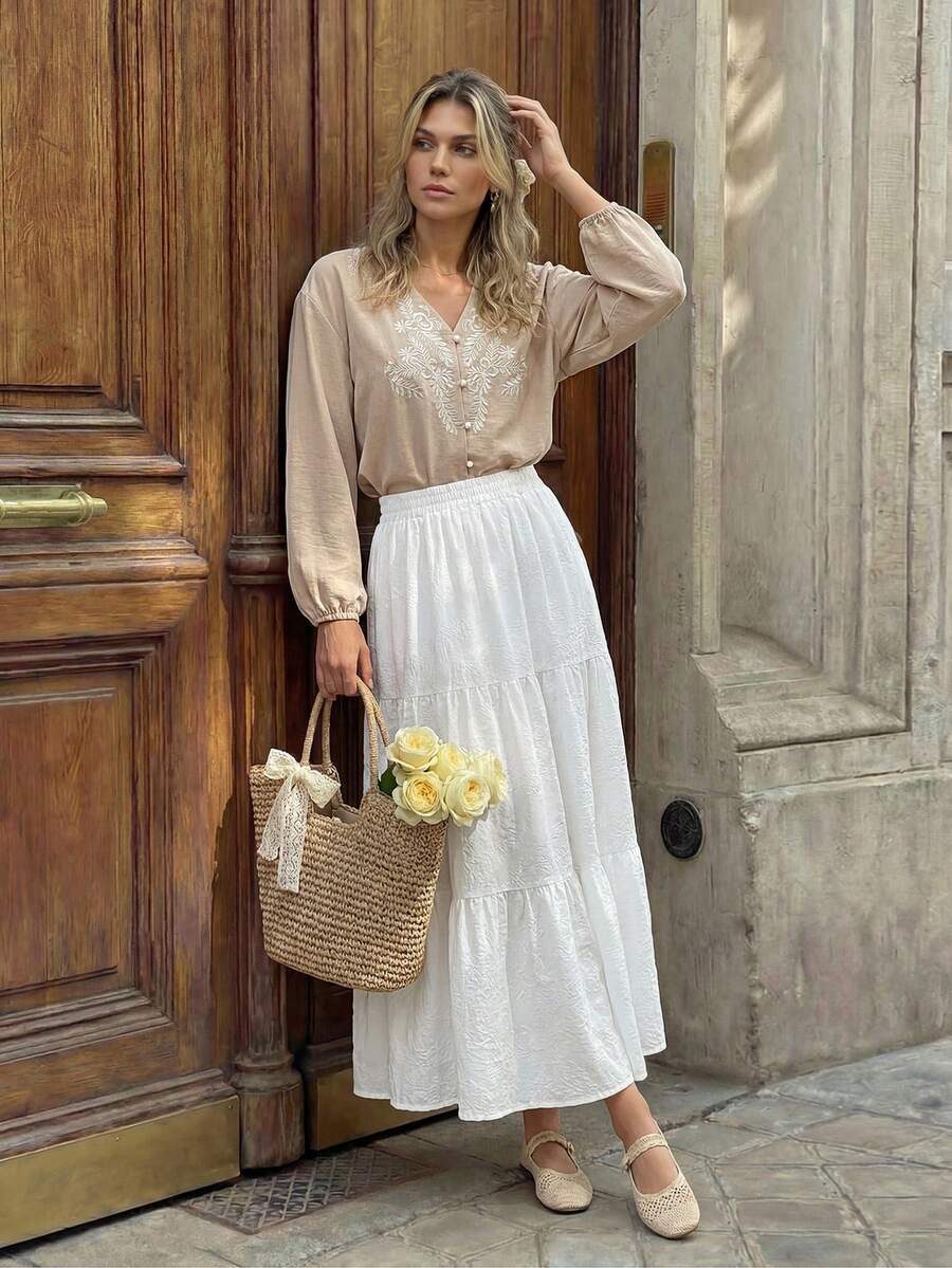 Hansera Casual Retro V-Neck Embroidered Pearl Decor Button Long Sleeve Fitted Women Shirt - Khaki - View 1