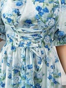 Elenzga Women's Elegant Fashion Commuter Casual Comfortable Charming Retro Minimalist High-End High-End Gentle Lady Palace Square Collar Puff Ruffle Sleeve Front Criss-Cross Tie Waist Slimming A-Line Dress (Random Print) - Blue - View 10