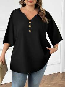SHEIN CURVE+ Plus Size Casual Black Decorative Button Notched Neck 3/4 Sleeve Loose Blouse, Black Notched Neck Blouse, Fashionable Women Blouse, Going Out Tops - Black - View 6
