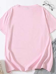 SHEIN LUNE Women's Casual Slogan Letter Pattern Summer Crew Neck T-Shirt, Pattern T-Shirt, Women's Top, Comfortable To Wear - Pink - View 2