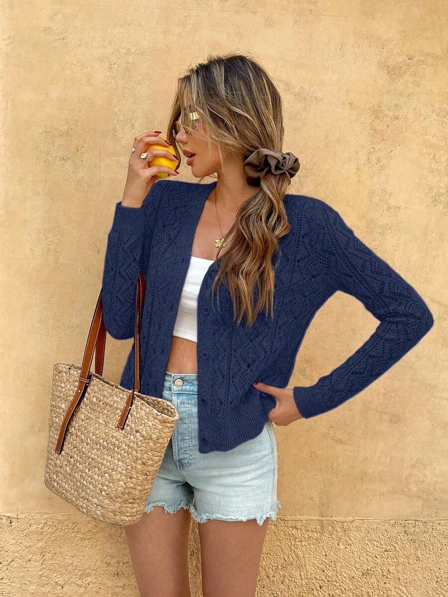 Breezaya 女士镂空薄款开衫长袖女式度假套装 女士休闲套装 女士开衫 女士夏季套装 女士春季套装 - 寶藍色 - 查看 1