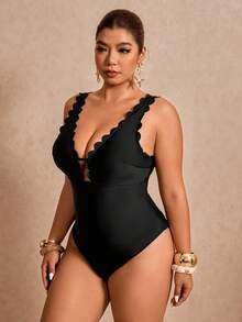 Elaquor Maiô Elegante Minimalista com Babados e Decote em V, Plus Size, Preto - Preto - Visão 3