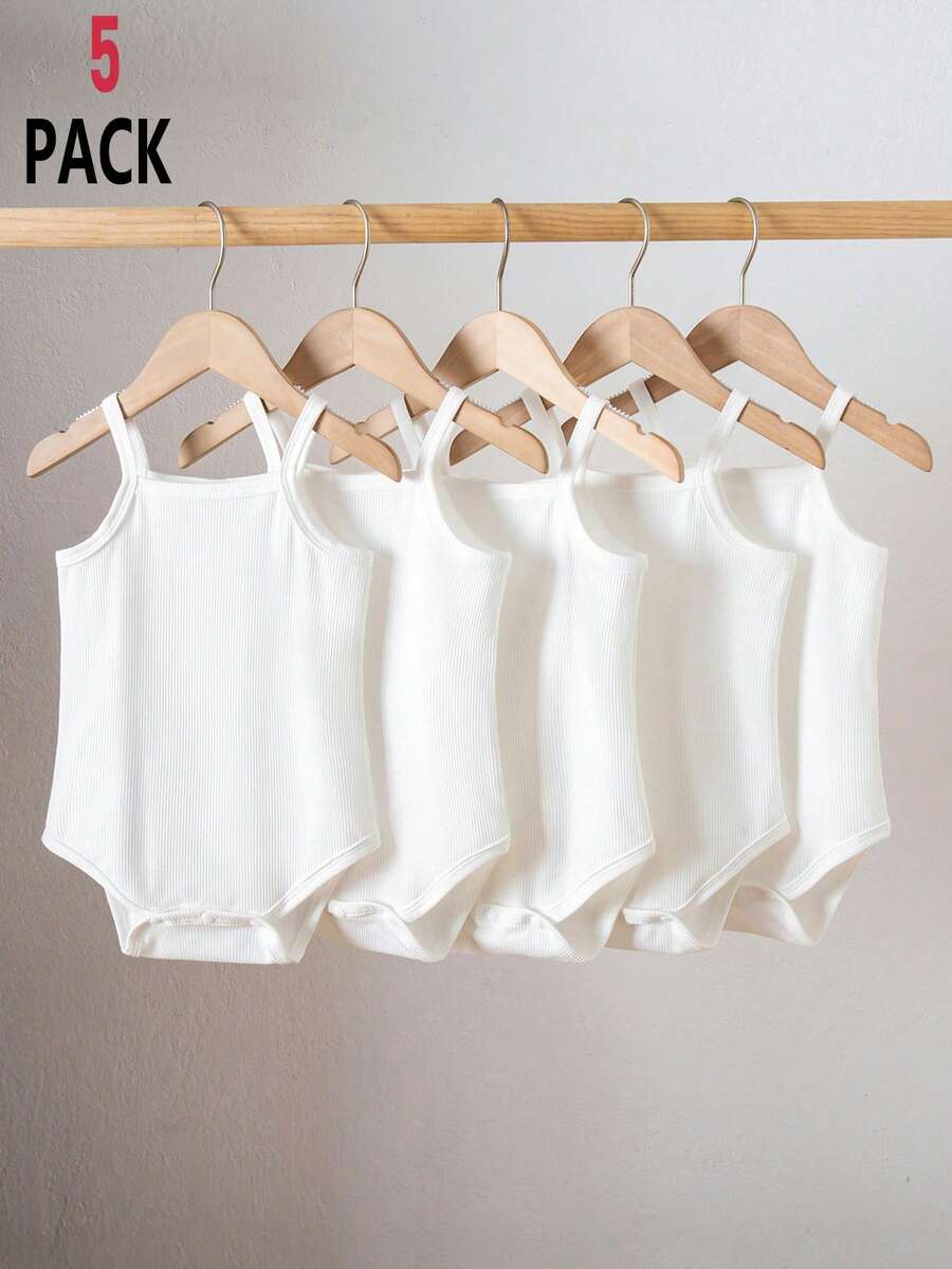 SHEIN Playful Pals 5pcs/Set Baby Girl Infant Toddler 0-3Y Casual All-Match Versatile Solid Color Ribbed Knit Romper Bodysuit Set - White - View 1
