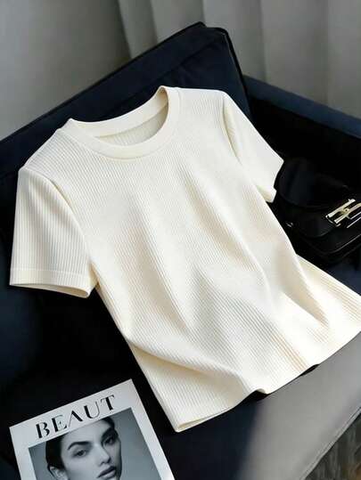 SHEIN Franclia Women's French-Style Elegant Knitwear, Apricot Vest, Round Neck Short Sleeves, Elegant Women's T-Shirt, Summer Women's T-Shirt, Summer Outfit, Beach Outfit, Beach T-Shirt, Outdoor T-Shirt, Women's Vacation Outfit, Vacation T-Shirt, Women's Casual T-Shirt, New Summer Women's T-Shirt, White T-Shirt.Graduation Season Attire, Fashionable Casual Commuter Wear, Business Office Wear, Versatile And Stylish Everyday Casual Wear, Urban Teacher's Professional Attire