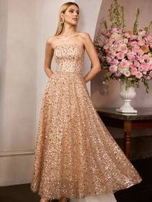 MOTF PREMIUM 女士串珠刺绣连衣裙，无肩带，春夏款 - 咖啡棕 - 查看 5