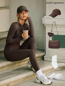 GLOWMODE 24 英寸 FeatherFit™-Air Glow Giver 柔软透气吸汗前拉链罗纹侧板轮廓接缝拇指孔深 V 形后背接缝可拆卸罩杯长袖连体衣低冲击日常运动服 - 肉桂靈感 - 查看 9