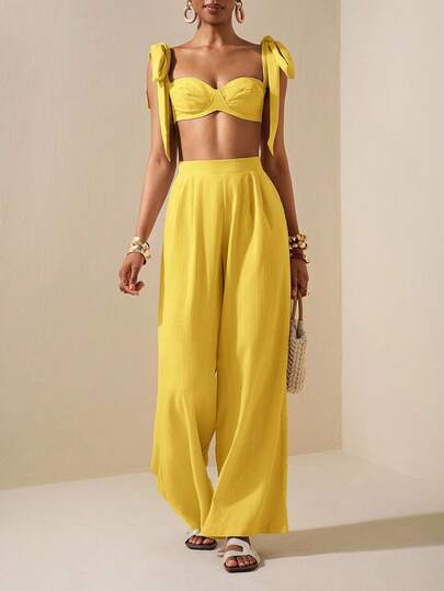 Zivah Beach New Spring And Summer Casual Holiday Bowknot Shoulder Straps Chest-Wrapped Heart Collar Cropped Top + Wide-Leg Super Trousers Apricot Women's Two Pieces Se,Textured Fabric Material