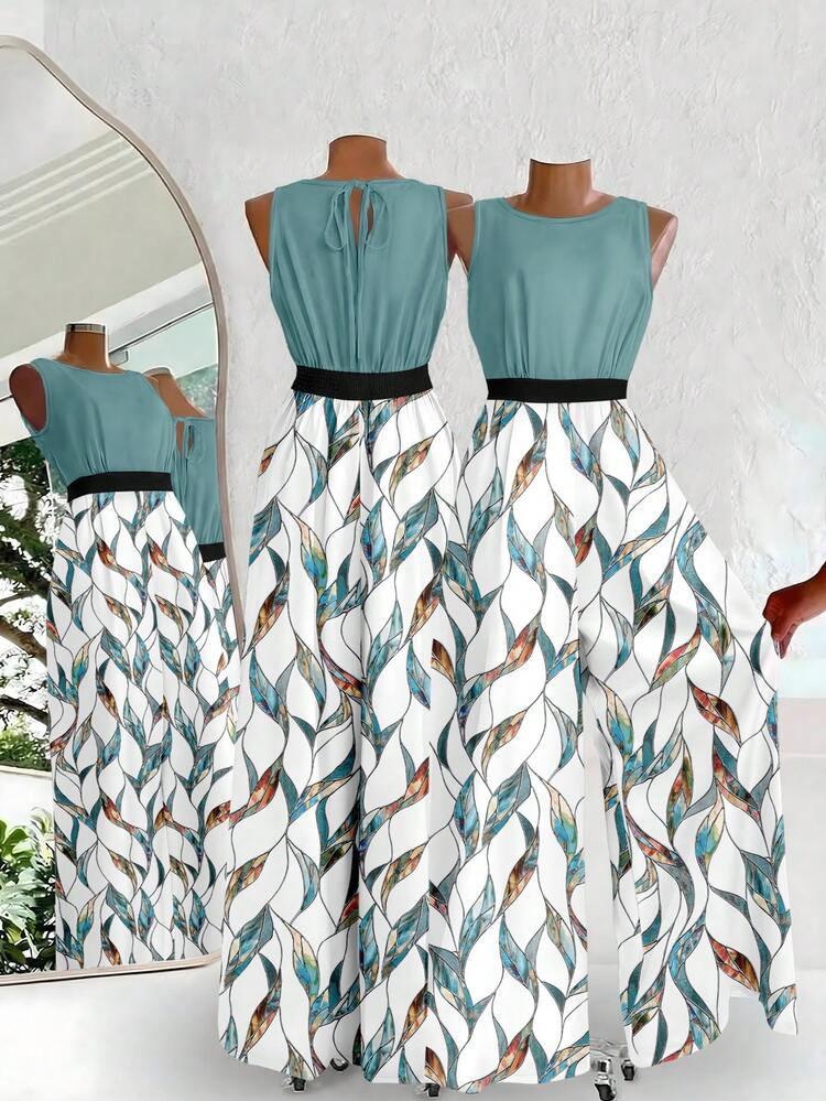 SHEIN Clasi Mono de estilo minimalista casual con bloques de color, estampado abstracto geométrico verde y de hojas de vidrio esmerilado, versátil para primavera/verano - Multicolor - Ver 2