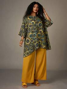 EMERY ROSE 大码女式几何图案不对称下摆衬衫和阔腿裤两件套 - 黃色 - 查看 4