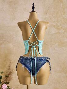 Femesol 女士性感绿色串珠露背V领吊带背心，适合海滩、度假、街头穿着，春夏皆宜 - 綠色 - 查看 2