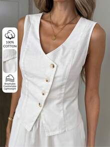 Easowa 女士夏季休闲纯色背心短裤两件套；女士100%纯棉透气不对称纽扣背心短裤套装；夏季两件套纯白色棉质背心短裤套装；女士夏季服装；女士春季服装；女士度假服装；女士白色两件套 - 白色 - 查看 7