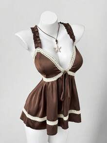 Sunspun New Arrival Sweet Elegant Going Out Tops, Bow Accent, Acetate Linen Blend Lace Trim Bowknot Ruffle Hem Cropped Camisole, Spring/Summer/Fall - Coffee Brown - View 4