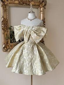 Lovelzi Đầm dạ hội thanh lịch, lãng mạn, thời trang màu mơ, chất liệu satin jacquard, kiểu dáng trễ vai, không dây vai, thắt nơ ở ngực, dáng chữ A, thích hợp cho tiệc tùng, đám cưới, tiệc độc thân, dạ hội. - Màu be - Xem 6