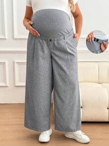 Plussiva 大码孕妇纯色可调节腰围阔腿裤 - 深灰色 - 查看 7