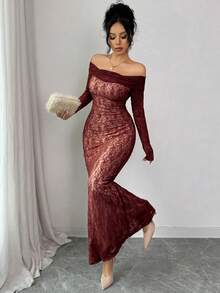 Modelyn Damen elegantes Off-Shoulder Spitze Maxikleid mit Fischschwanz, Herbst/Winter - Bordeaux - Übersicht 4