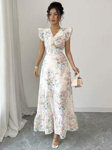 Elenzga Đầm bodycon cạp cao thêu hoa thanh lịch cho nữ, mùa xuân và mùa hè, tay lửng, dây rút - Nhiều màu - Xem 4