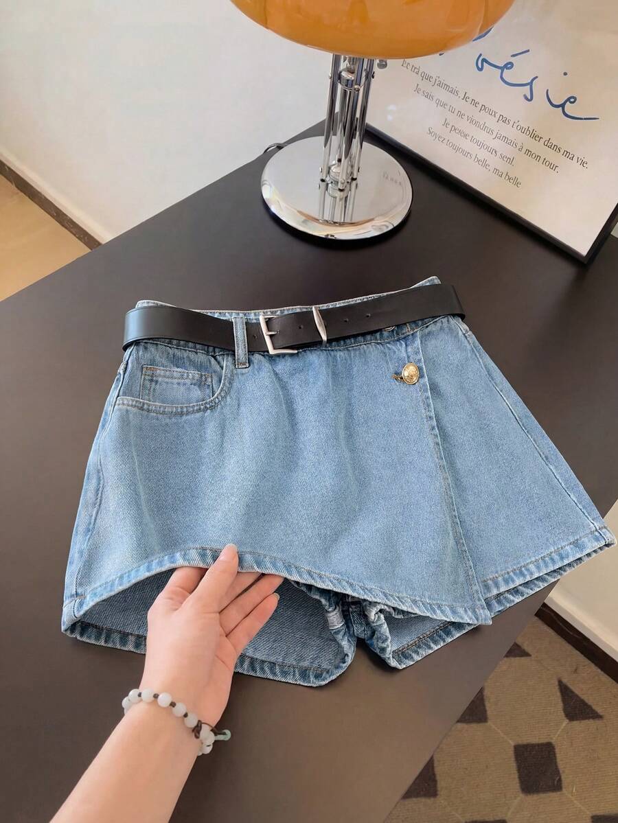 GlowEve Women's Casual Washed Wrap Denim Shorts - Blue - View 1