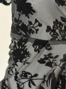 Jeanoix Sheer Sexy Flocked Floral Deep V-Neck Ruched Peplum Hem Women Blouse - Black - View 8