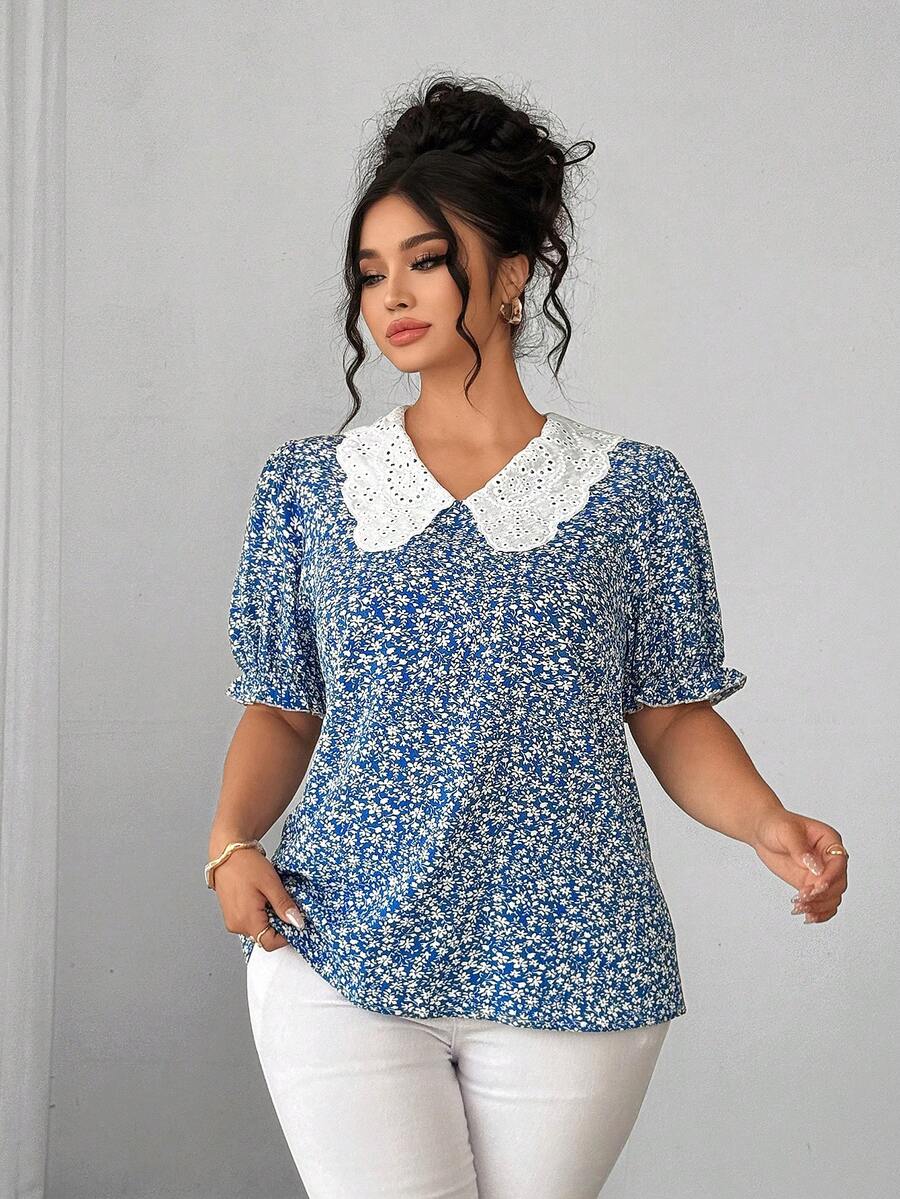 Elenzga 大码女式优雅春夏蓝白碎花柔软面料刺绣领复古泡泡袖衬衫，适合毕业典礼、节日、情人节、音乐节、母亲节、万圣节、感恩节、复活节、国庆节、舞会、约会、派对、婚礼、郊游等场合。彼得潘领衬衫，曲线加厚衬衫，蕾丝衬衫，图案上衣，女性化上衣，波点女式衬衫，夏季女式衬衫，女式工作上衣，女式上衣和衬衫，休闲优雅波点女式衬衫。 - 藍白色 - 查看 1