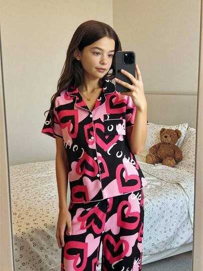 Girls' Pink Heart & Love Letter Print Short Sleeve Top And Pants Set, Casual Comfortable Pajamas