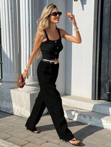 Franclia Áo hai dây ngắn tay dệt kim màu trơn có cúc dành cho nữ - màu đen - Xem 6