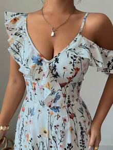 Arcane Artistry 女士优雅不对称荷叶边领度假阔腿印花连体裤，波西米亚风女装，休闲连体裤，夏季女装，波西米亚风连体裤，碎花连体裤，碎花套装，露肩连体裤，碎花连体裤，波西米亚风连体裤，女士碎花连体裤，春夏碎花套装，Zanea 女士碎花连衣裙，优雅印花连衣裙 - 藍色 - 查看 7