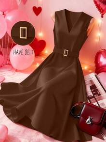 Franclia Đầm đỏ dáng chữ A không tay, cổ chữ V, thanh lịch và thời trang, kiểu dáng mới, ôm eo, dành cho phụ nữ. - màu nâu - Xem 4