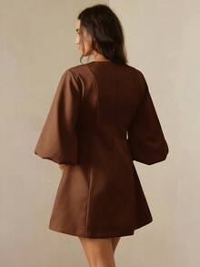 BELROSIE Gaun Rajut Herringbone Lengan Lentera Elegan Serbaguna dengan Desain Modis dan Mewah - Coklat - View 3