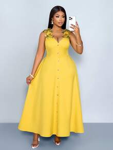 SOLERSUN Plus Size Women's Summer Elegant Yellow V-Neck Sleeveless Maxi Dress,3D Floral Embroidered Lace,A-Line Waist Cinched Vacation Holiday Resort Outfits - Yellow - View 4