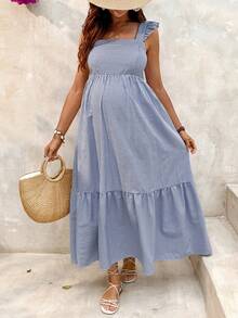 SHEIN Đầm bầu cổ vuông kẻ sọc viền bèo nhún kiểu dáng thường ngày - Màu xanh lam - Xem 2