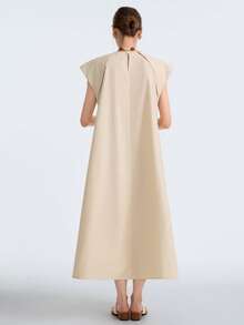 Aalyst 女士春夏新品，简约休闲时尚，通勤及派对日常百搭连衣裙，不对称褶皱设计，3D立体剪裁，米色A字连衣裙 - 杏色 - 查看 9